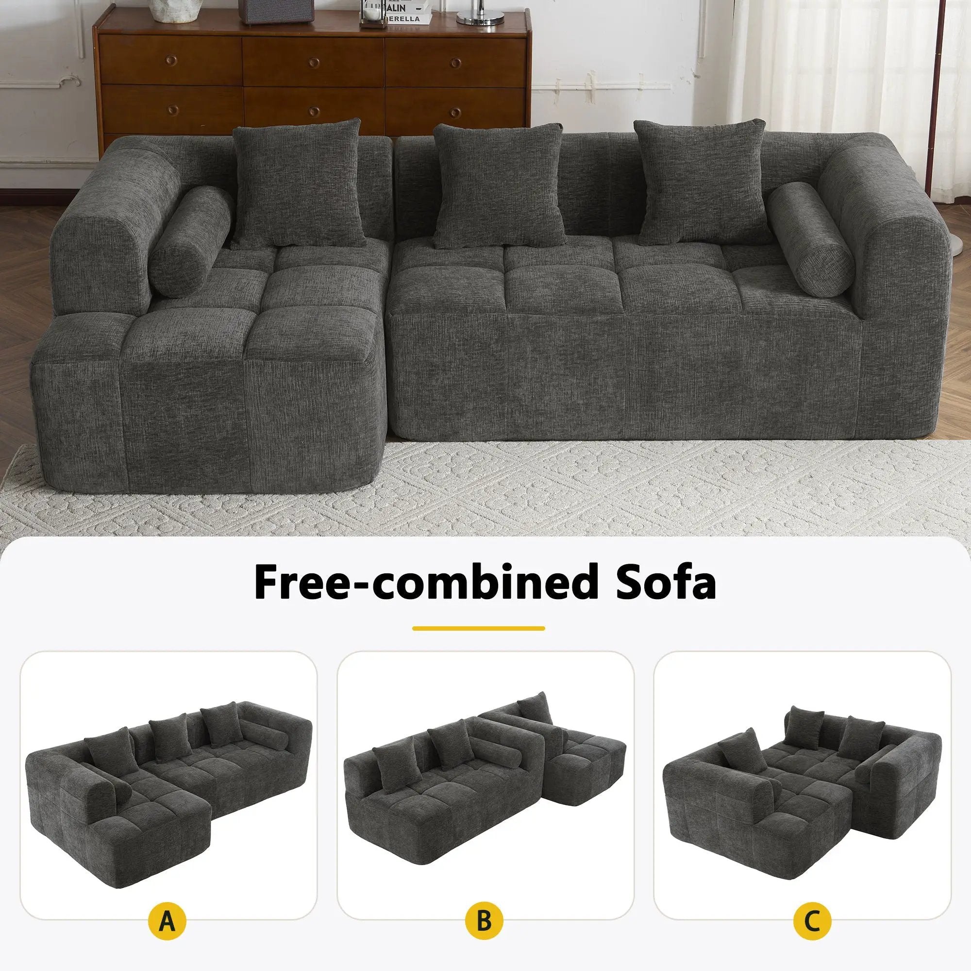 Sectional Free Combined Sofa With 2 Side Pockets by HouseOfZazla