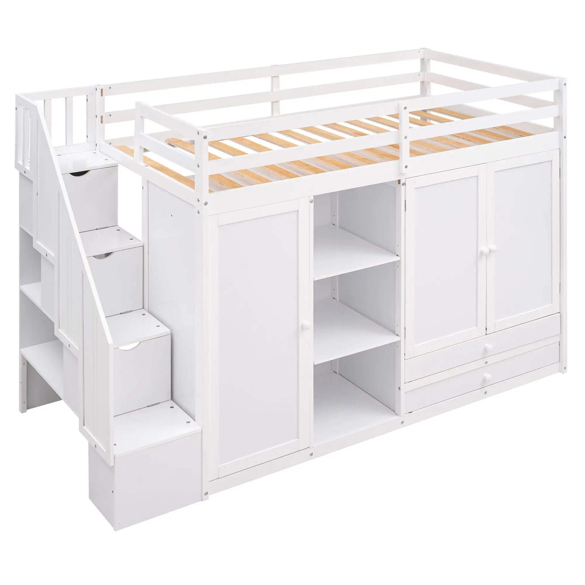 Loft Bed With 3 Shelves, 2 Wardrobes, 2 Drawers, Ladder Storage by Unique Piece Furniture