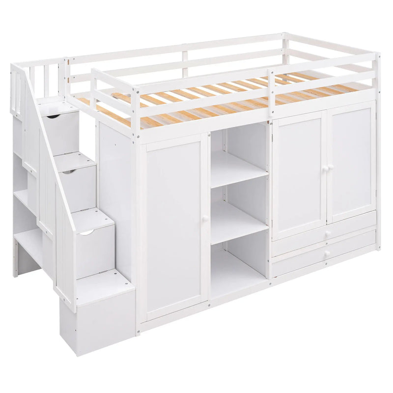 Loft Bed With 3 Shelves, 2 Wardrobes, 2 Drawers, Ladder Storage by Unique Piece Furniture