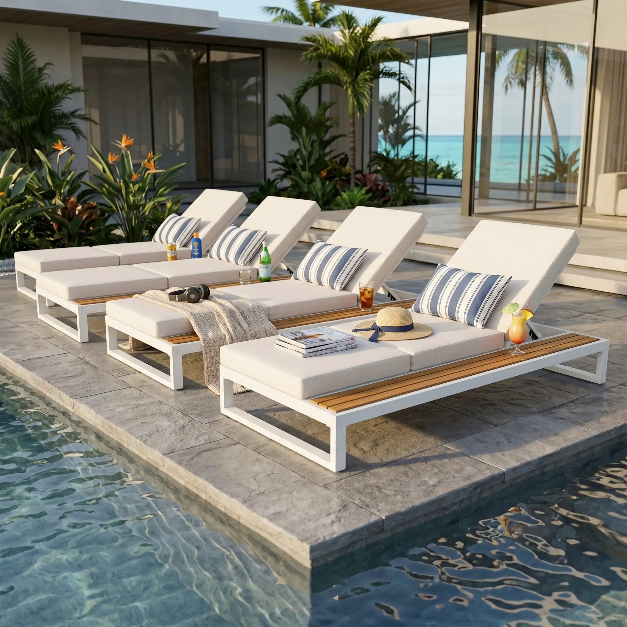White Iron & Teak Finish Chaise Lounge Set by HouseOfZazla