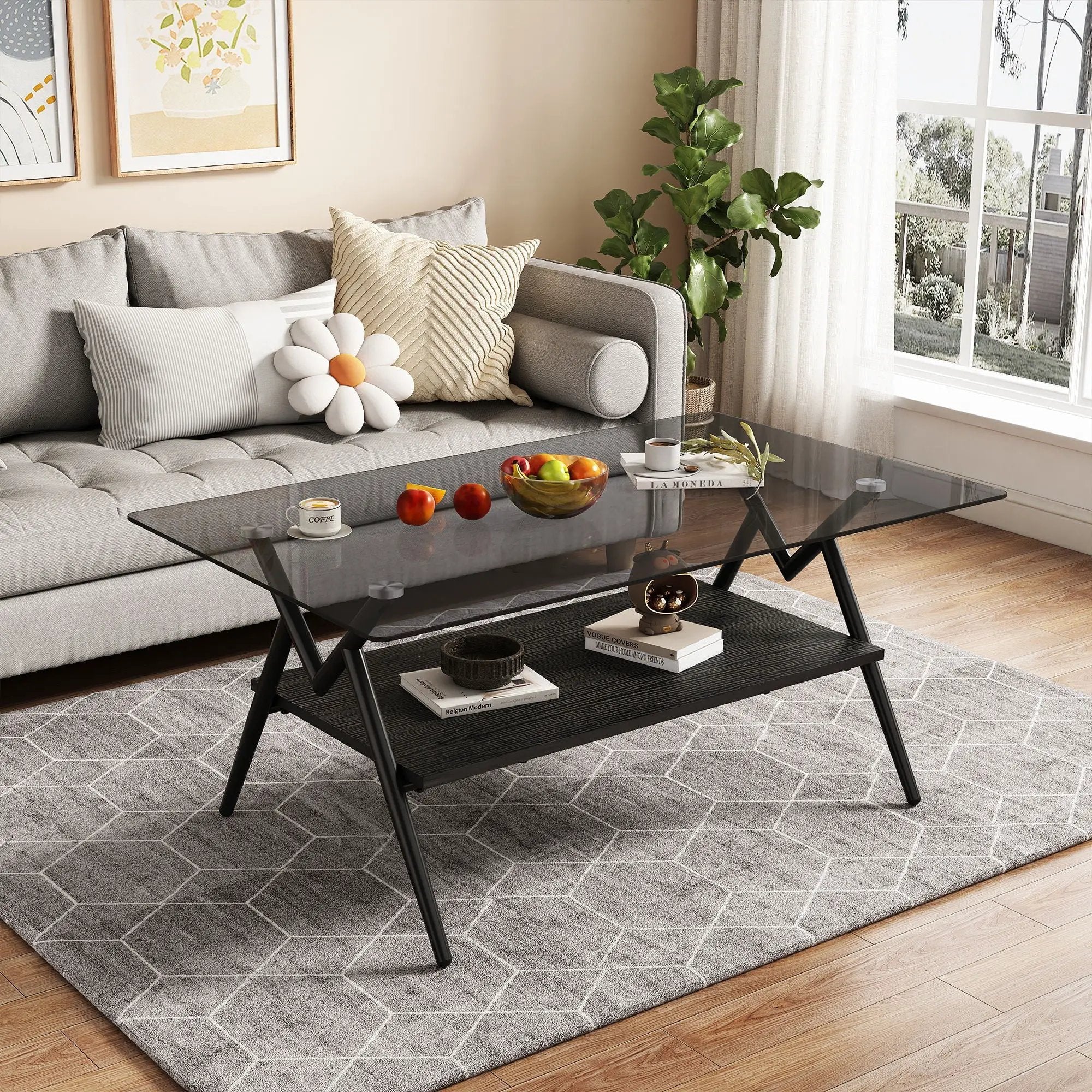 Rectangle Coffee Table With Tempered Glass Top And Shelf, Modern Table For Living Room by HouseOfZazla