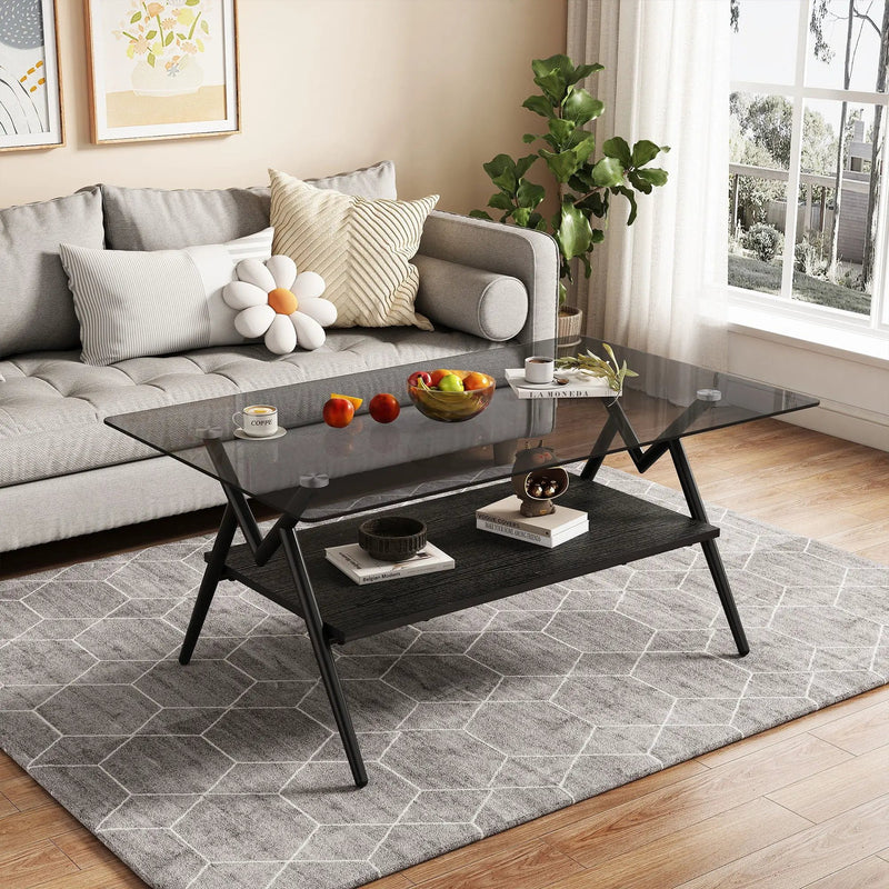 Rectangle Coffee Table With Tempered Glass Top And Shelf, Modern Table For Living Room by HouseOfZazla