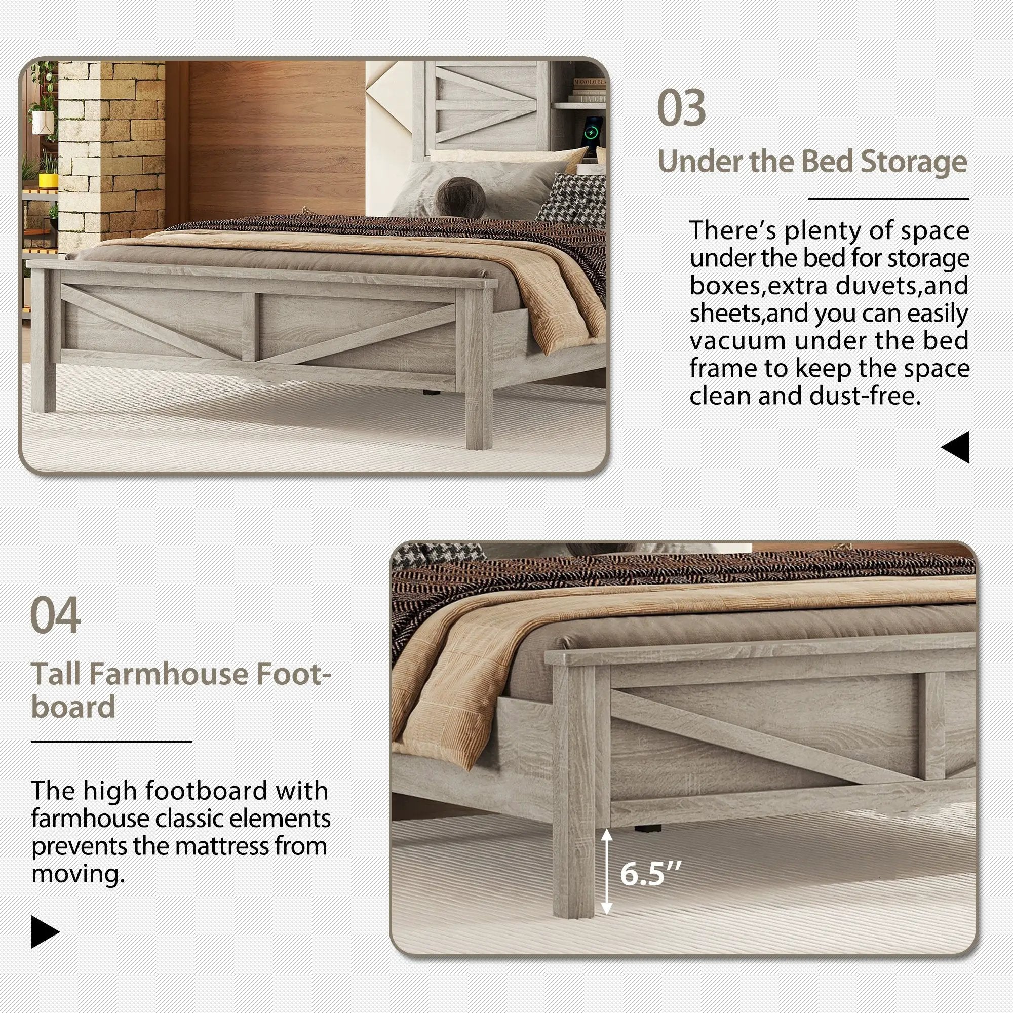 3-Pieces Bedroom Set Queen Size Farmhouse Platform Bed with Storage Headboard and Charging Station by HouseOfZazla
