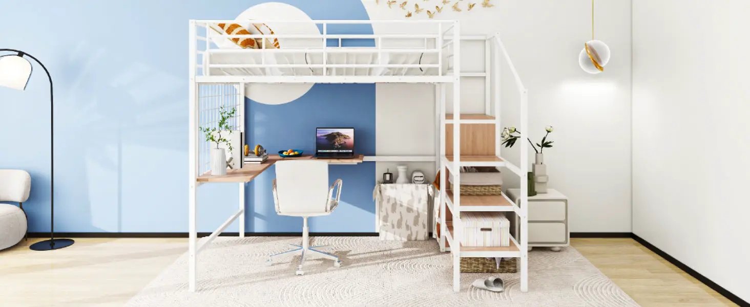 Loft Bed With Desk And Grid, Stylish Frame With Lateral Storage Ladder And Wardrobe by HouseOfZazla