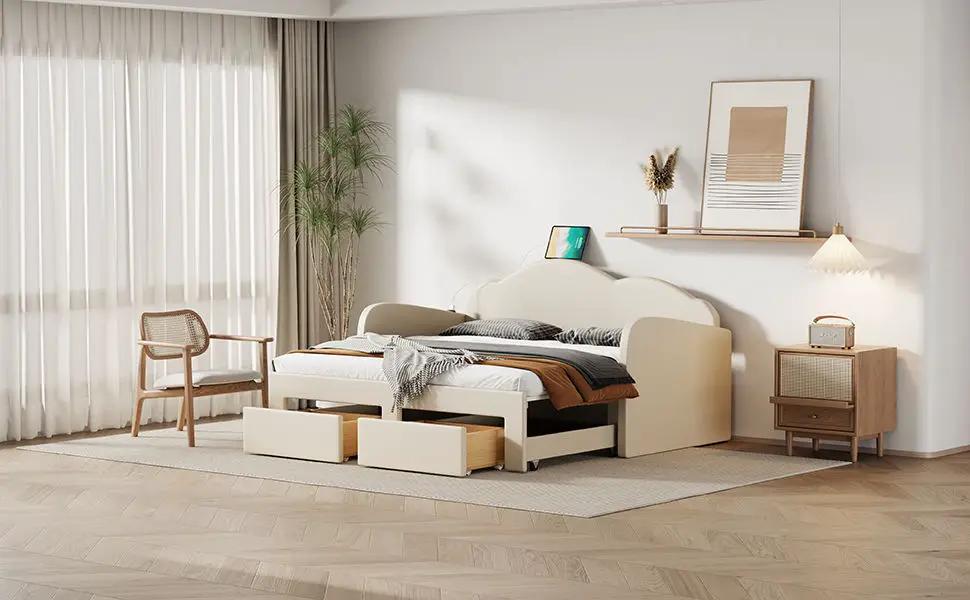 Upholstered Daybed With Cloud-Shaped Backrest, Trundle & 2 Drawers And USB Ports by HouseOfZazla