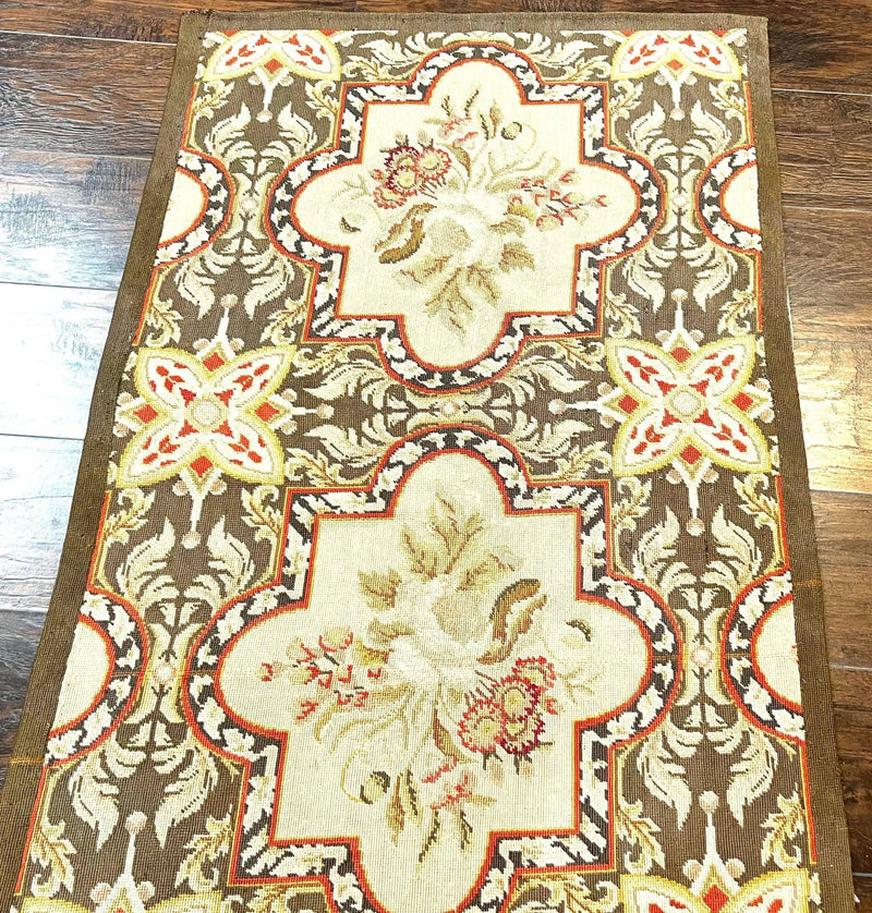 Needlepoint Runner Rug 2.8 x 9.8, Brown and Beige, Handwoven Handmade Floral French European Design, Vintage Flatweave 10ft Wool Runner Rug by Jewel Rugs