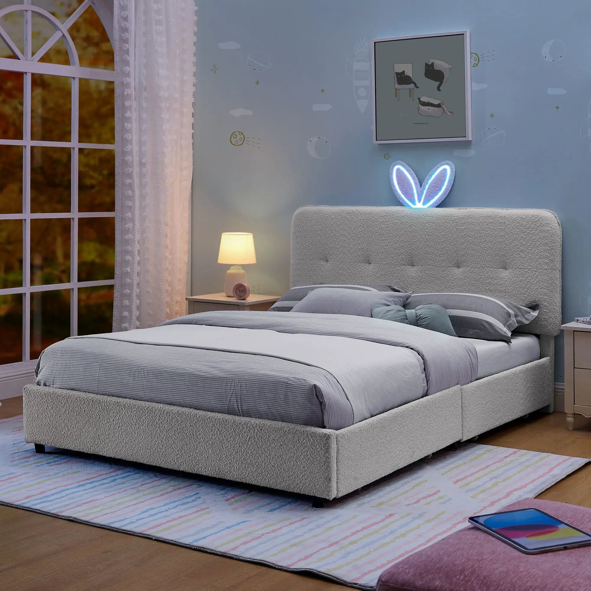 Upholstered Bed With Oversized Rabbit Ear Headboard, LED Lights & 4 Storage Drawers by Unique Piece Furniture