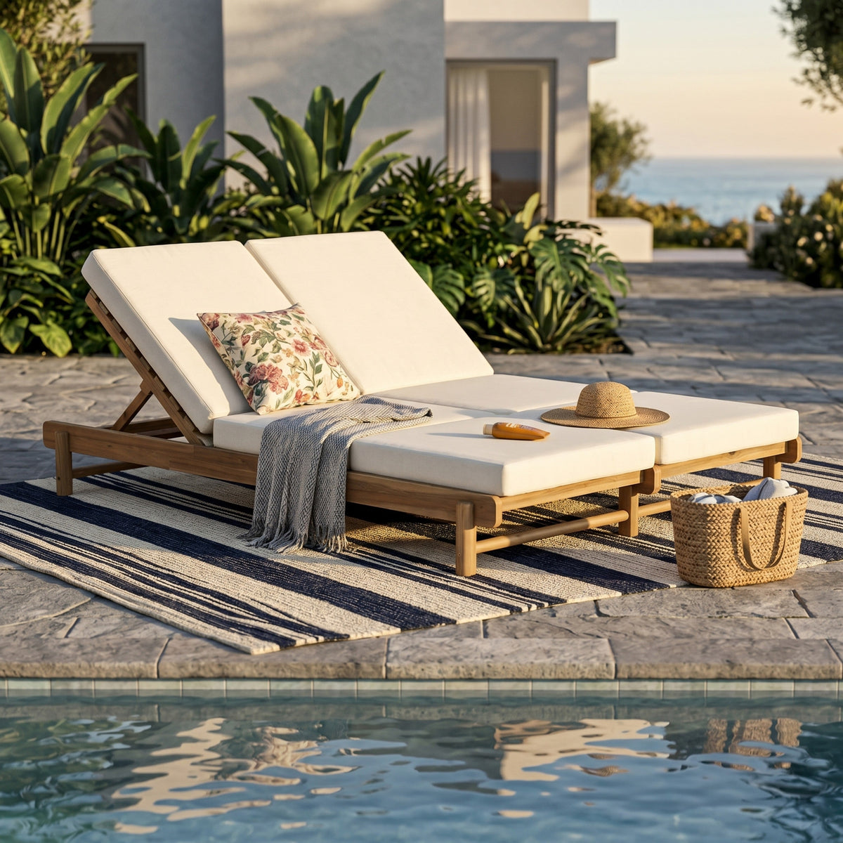 Light Teak Acacia Wood Double Chaise Lounger Set, photo 4 of 10