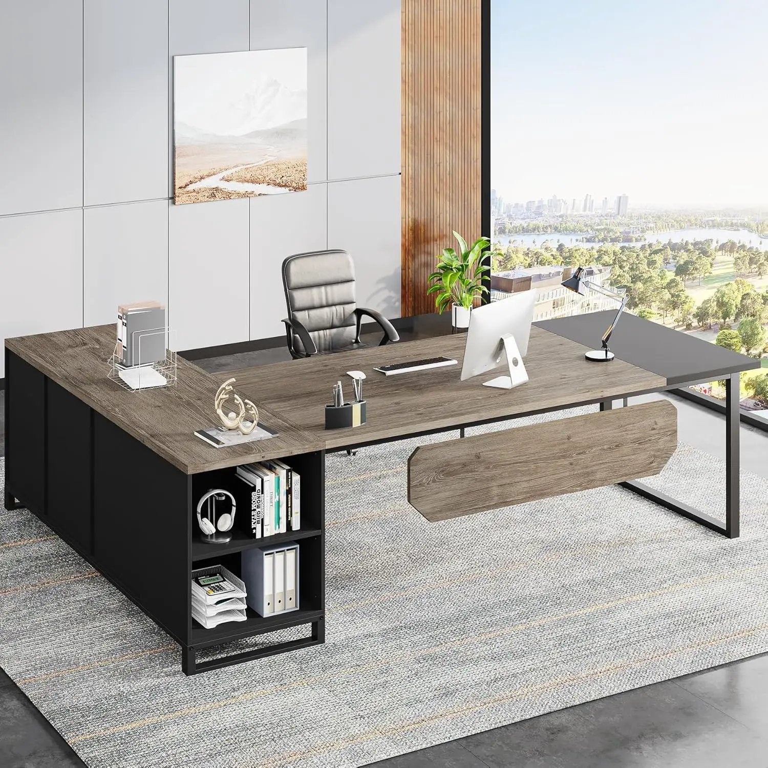 L-Shaped Executive Desk With File Cabinet, Computer Workstation With Storage