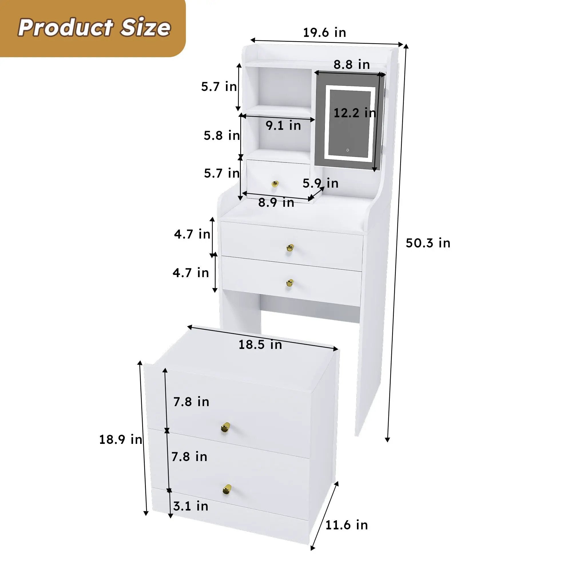 3 In 1 Dressing Table With LED Mirror & Storage Stool, Compact Makeup Vanity - White by HouseOfZazla
