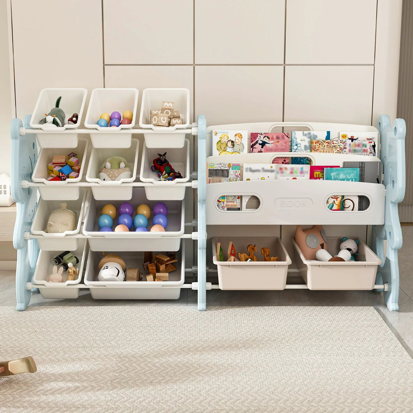 Kids Toy Storage Organizer With 2 Tier Bookshelf, Toy Storage With 12 Bins by HouseOfZazla