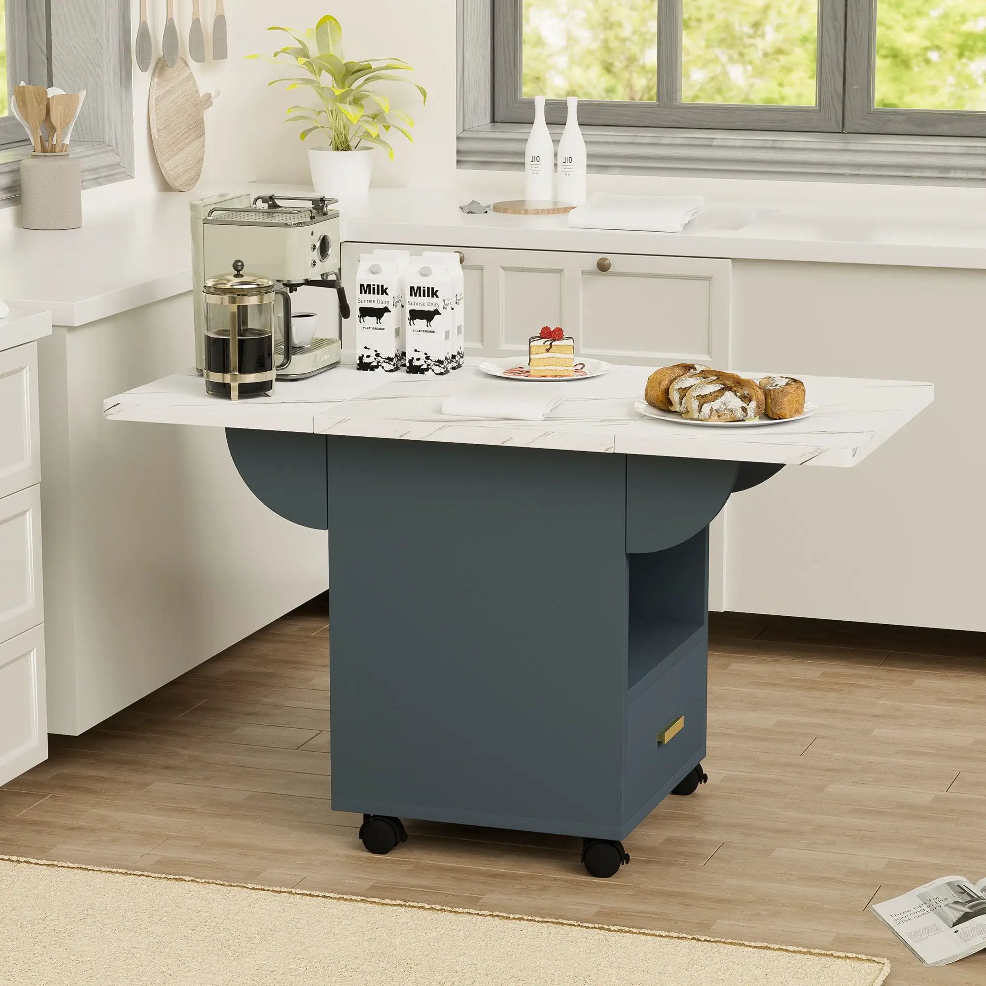 Versatile Wood Folding Dining Table With Wheels, Storage Rack & Drawer, Space Saving Design - White by HouseOfZazla