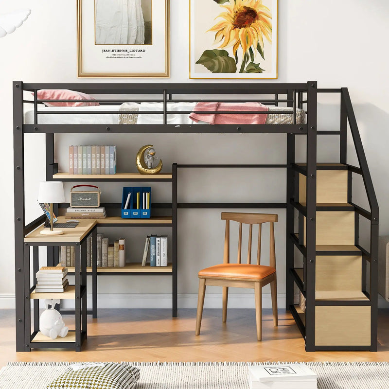 Full Size Loft Bed With Staircase, Built In Desk And Shelves And Sleeping Surface - Black