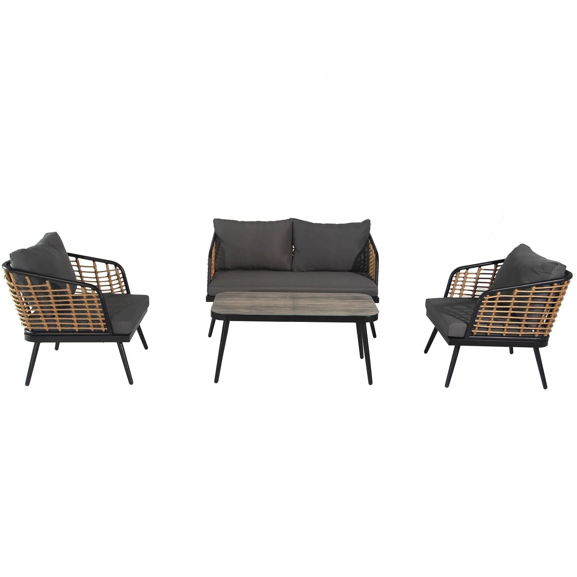 4 Pieces Patio Furniture Set, PE Rattan Wicker With Washable Cushion And Tempered Glass Tabletop, Conversation Furniture For Garden Poolside Balcony by HouseOfZazla