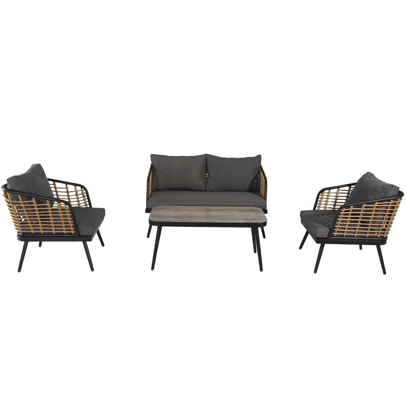 4 Pieces Patio Furniture Set, PE Rattan Wicker With Washable Cushion And Tempered Glass Tabletop, Conversation Furniture For Garden Poolside Balcony by HouseOfZazla