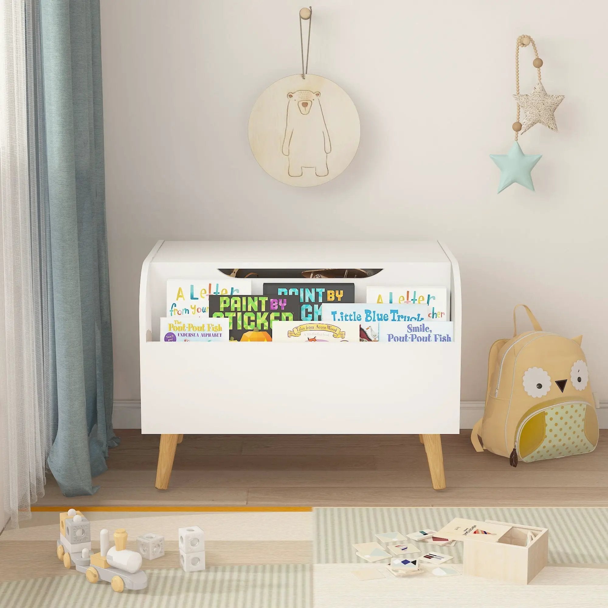 Toy Box With Front Bookshelf, Flip Top Lid, Safety Hinge For Kids Room Organization - White by HouseOfZazla