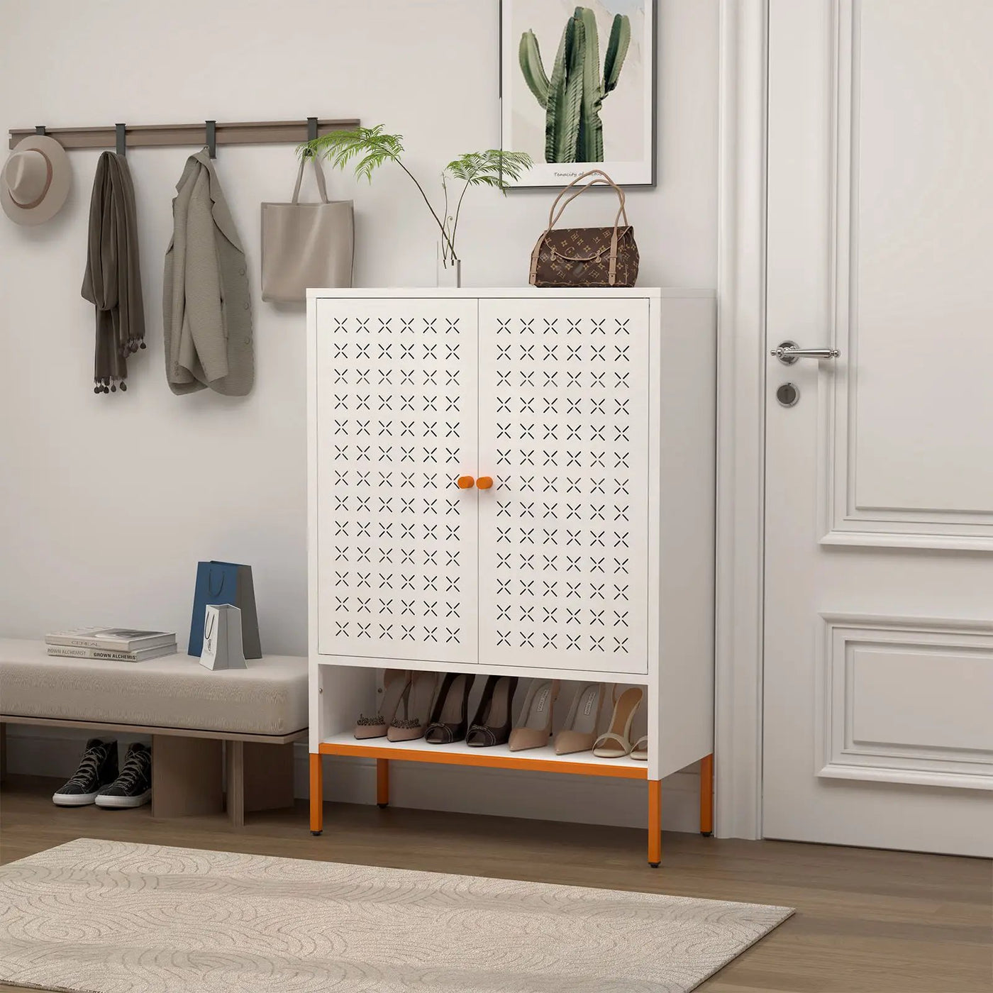 Grid Double Door Shoe Cabinet With Adjustable Compartments and Moisture-Proof Design by HouseOfZazla