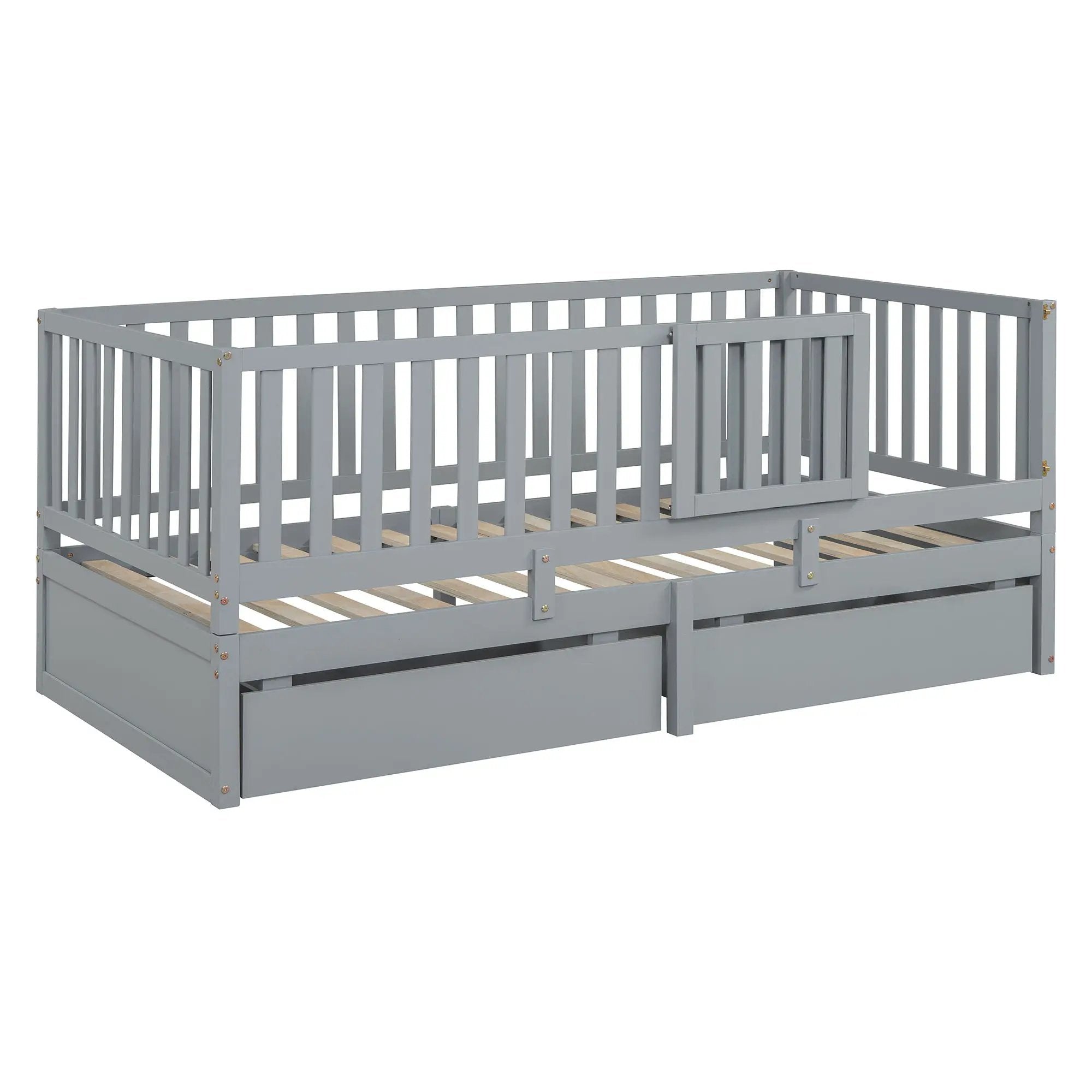 Daybed With Fence Guardrails And 2 Drawers, Split Into Independent Floor Bed & Daybed by HouseOfZazla