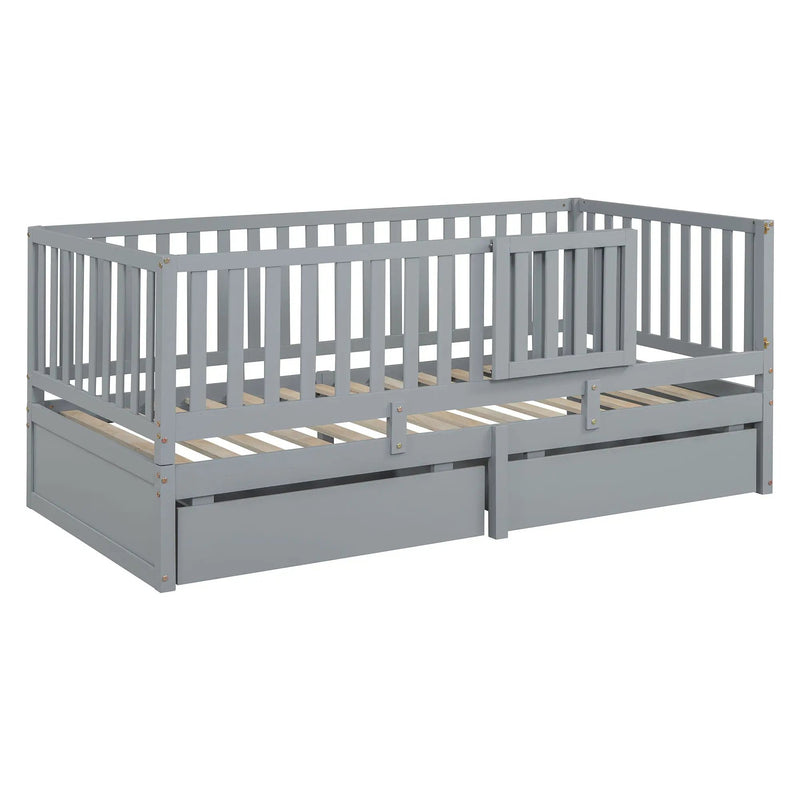 Daybed With Fence Guardrails And 2 Drawers, Split Into Independent Floor Bed & Daybed by HouseOfZazla