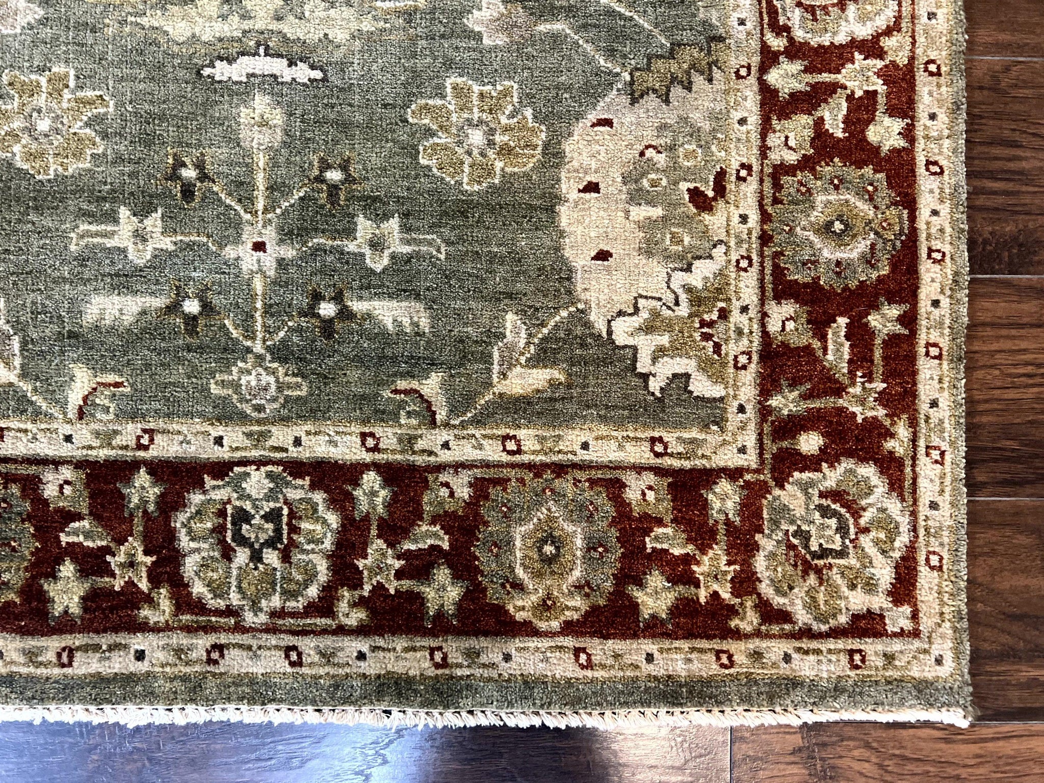 Indo Oushak Rug 4x6, Green and Maroon, Vintage Wool Floral Rug, Indian Agra Rug by Jewel Rugs