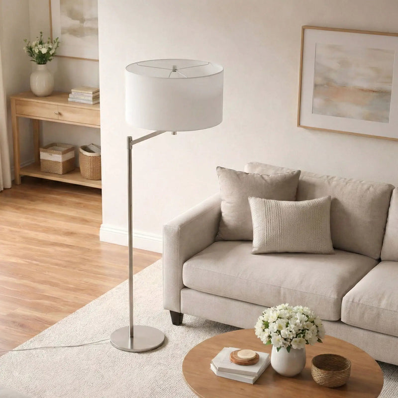 Horizon - Table Lamp With On / Off Switch Curved Base Linen Shade - Brushed Nickel / Silver / White by HouseOfZazla