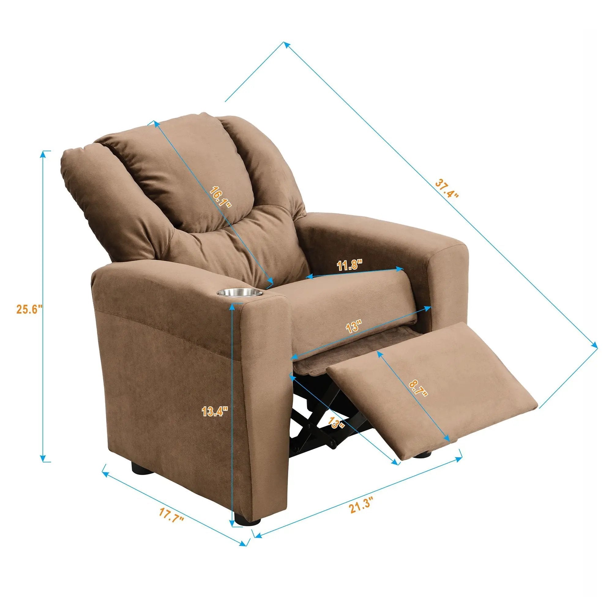 Kids Recliner Chair, Kids Upholstered Couch With One Cup Holder, Toddlers Recliner With Headrest And Footrest - Brown by Unique Piece Furniture
