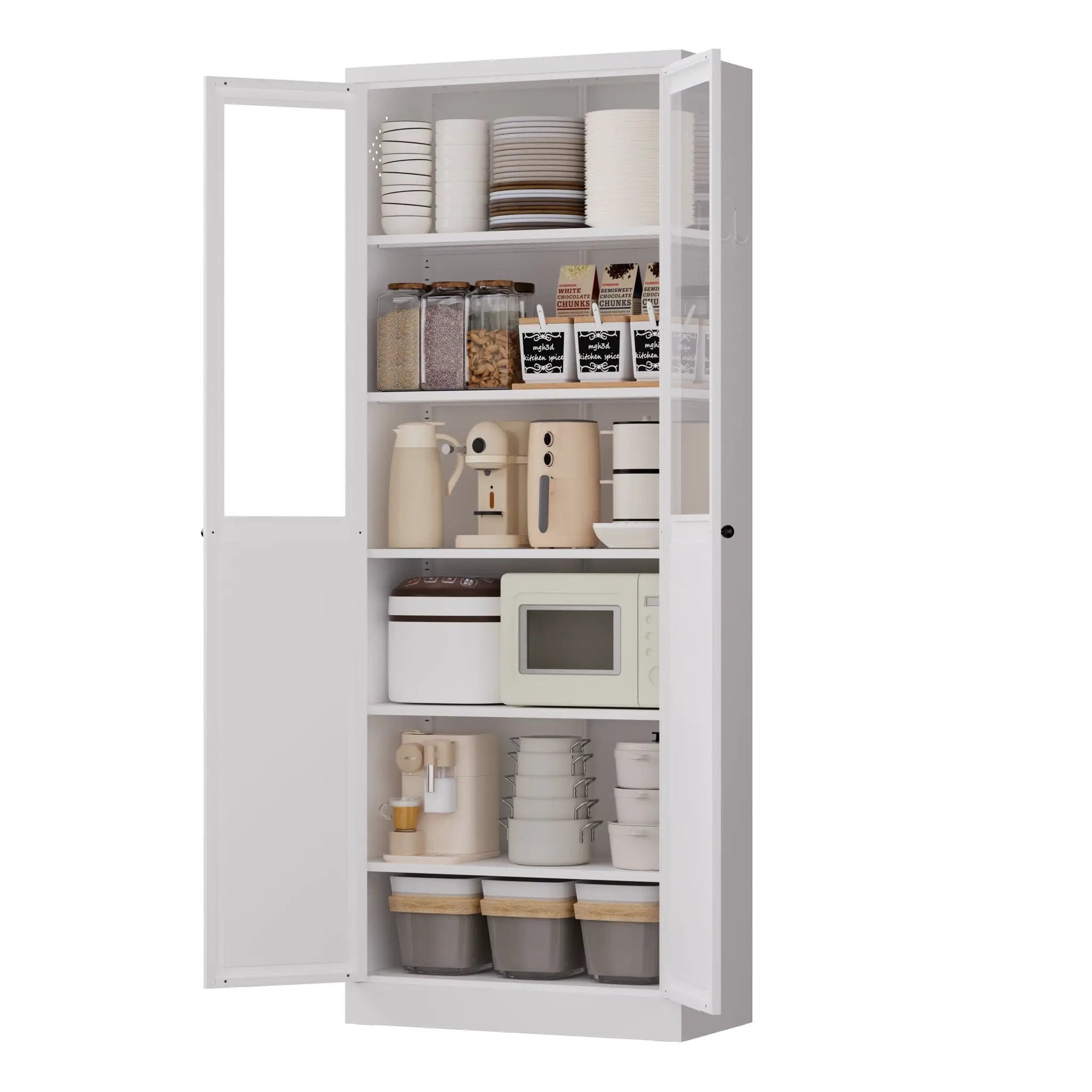 Tall Metal Kitchen Pantry Cabinet With Adjustable Shelves And Silent Magnetic Doors - White by HouseOfZazla
