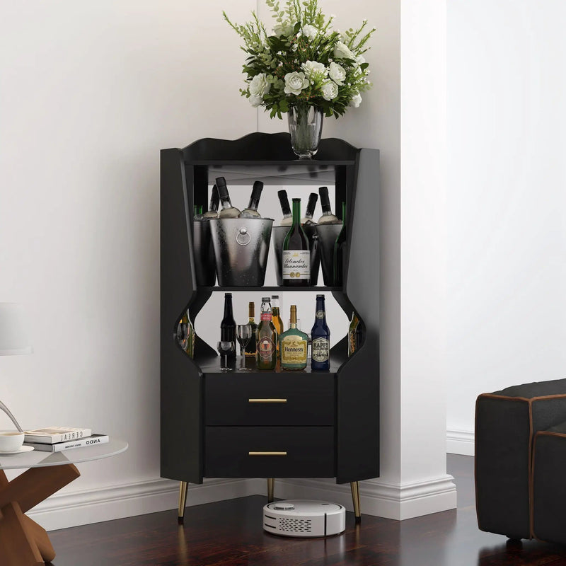 Corner Bar Cabinet With Mirrored Back, 2 Open Shelves & 2 Drawers by HouseOfZazla