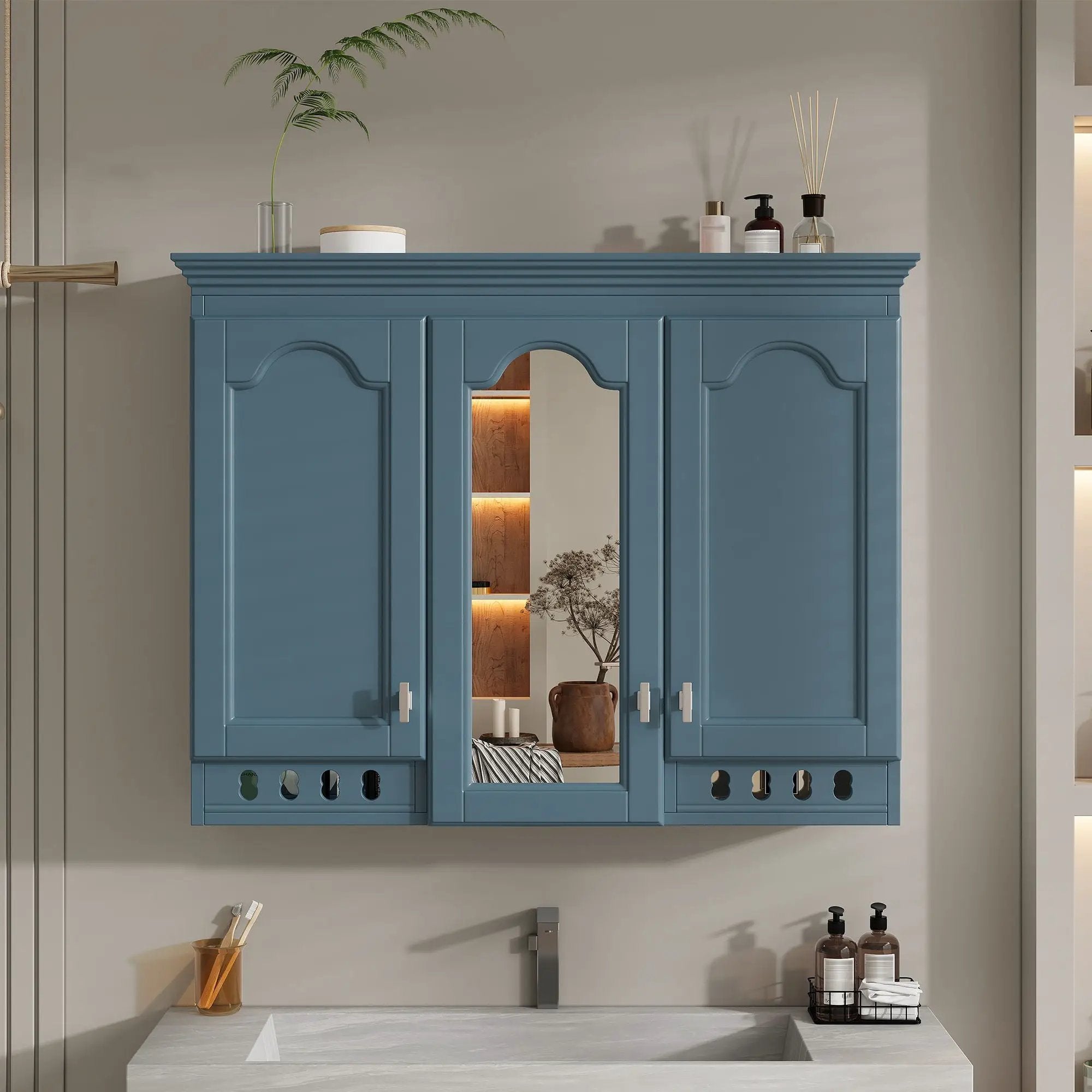 Wall Mount Mirror Cabinet With Adjustable Shelves, Soft Closing Hinges