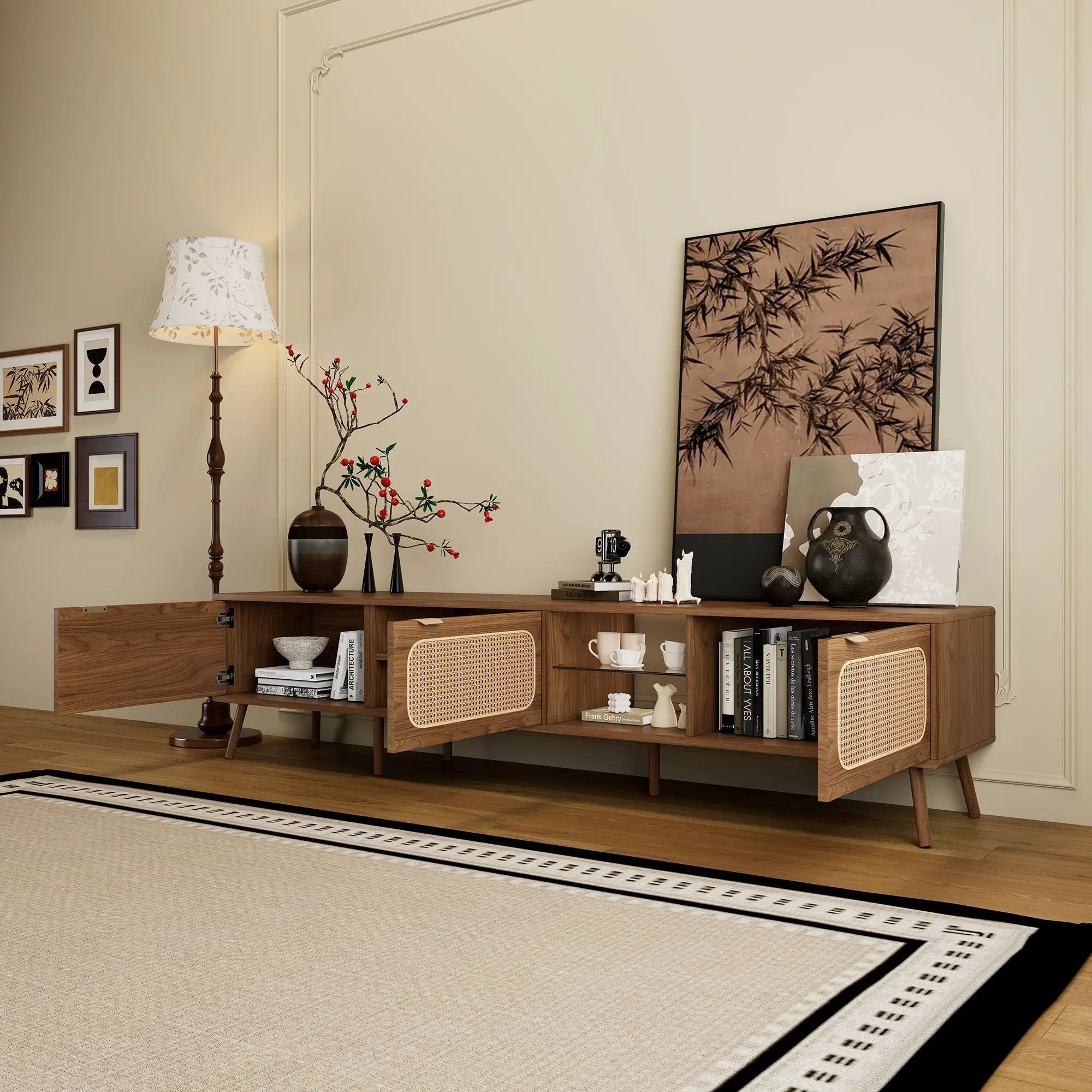 78" TV Stand With Ample Storage And Open Shelving - Walnut by Unique Piece Furniture