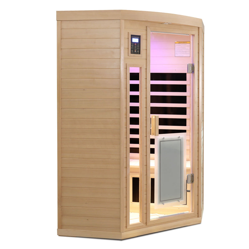Low Emf Front Door With Heating Panel 2 Persons Hemlock Far Infrared Corner Indoor Sauna Room - Natural by HouseOfZazla