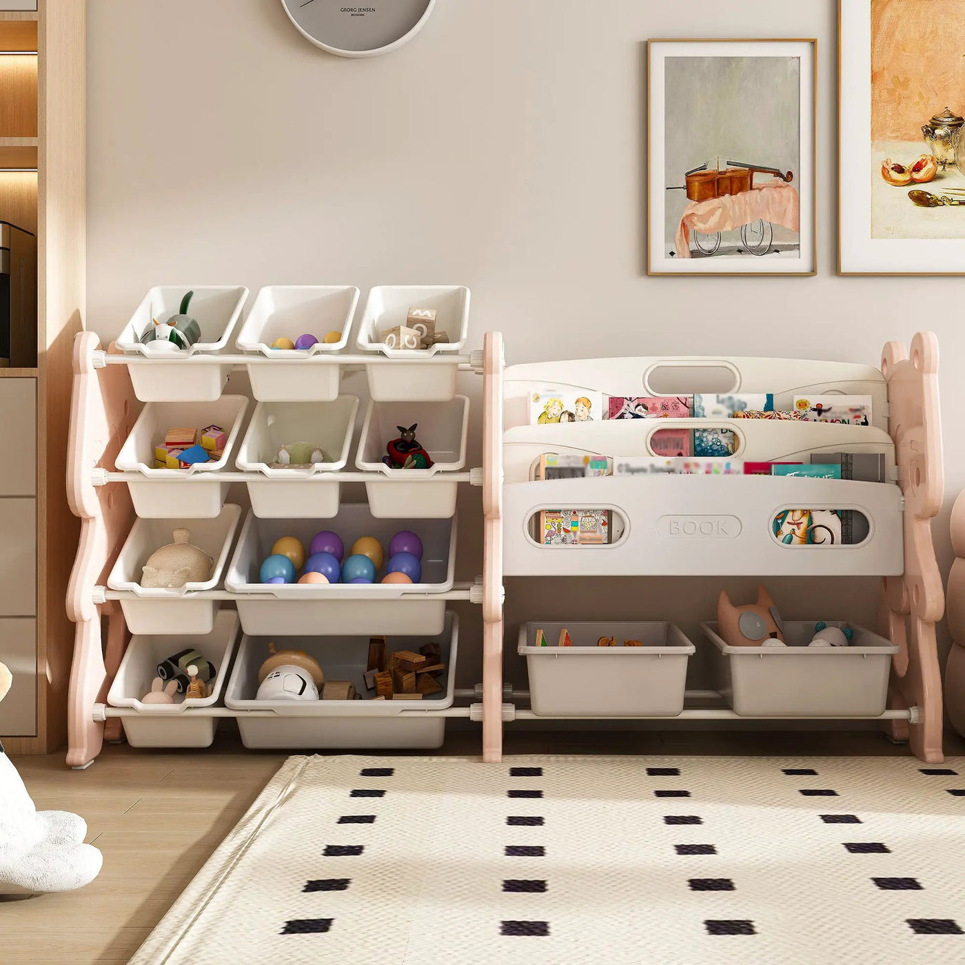 Kids Toy Storage Organizer With 2 Tier Bookshelf, Toy Storage With 12 Bins by Unique Piece Furniture