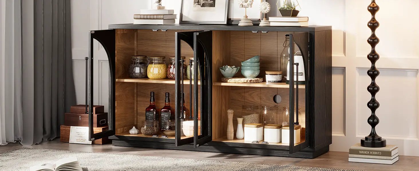 4-Door Large Storage Sideboard Buffet Cabinet with Glass Doors Arched Cabinet (Black) by HouseOfZazla