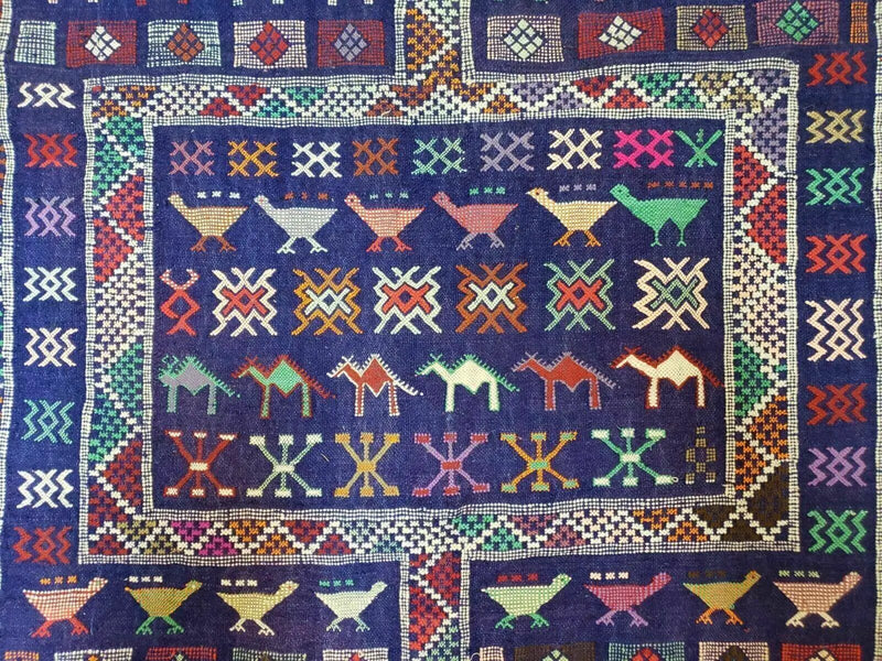 3' X 7' Vintage Handmade Indian Wool Kilim Flat weave Rug Camel Birds Blue Geometric Short Runner by Jewel Rugs