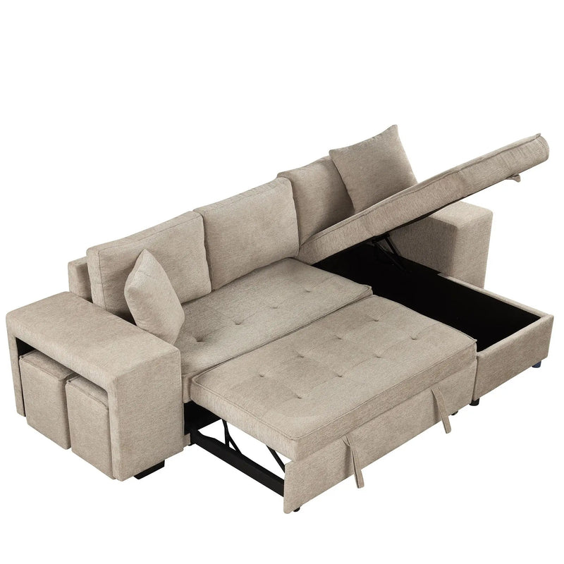 Modern L-Shape 3 Seat Reversible Sectional Couch, Pull Out Sleeper Sofa With Storage Chaise And 2 Stools For Living Room Furniture Set by HouseOfZazla