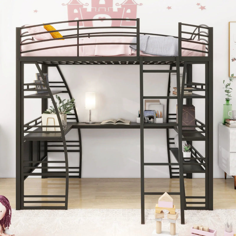 Loft Bed With 4 Layers Of Shelves And L-Shaped Desk, Stylish Metal Frame Bed With A Set Of Sockets, USB Ports And And Wireless Charging by Unique Piece Furniture