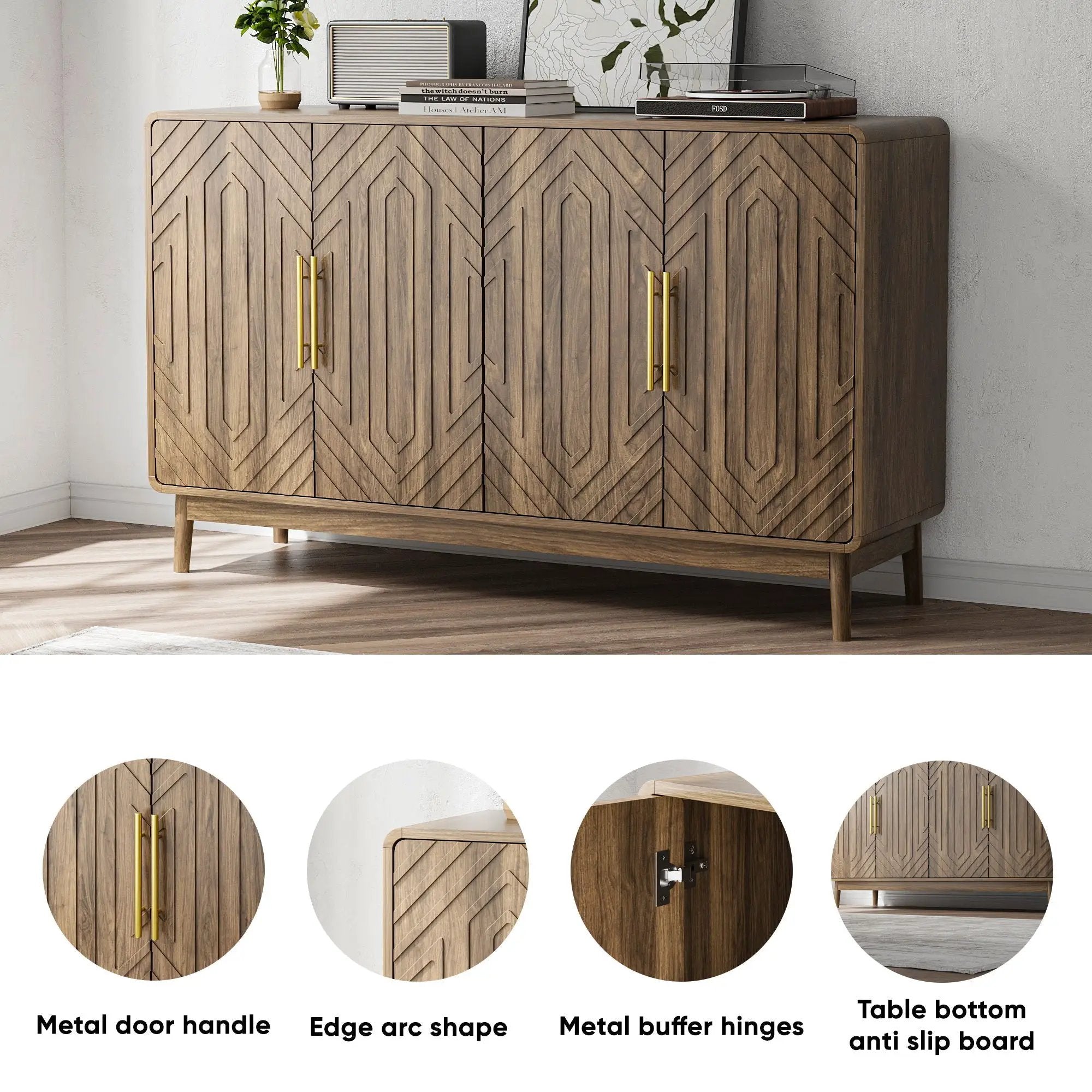 Sideboard Buffet Cabinet With Carved Doors And Adjustable Layer Board by Unique Piece Furniture