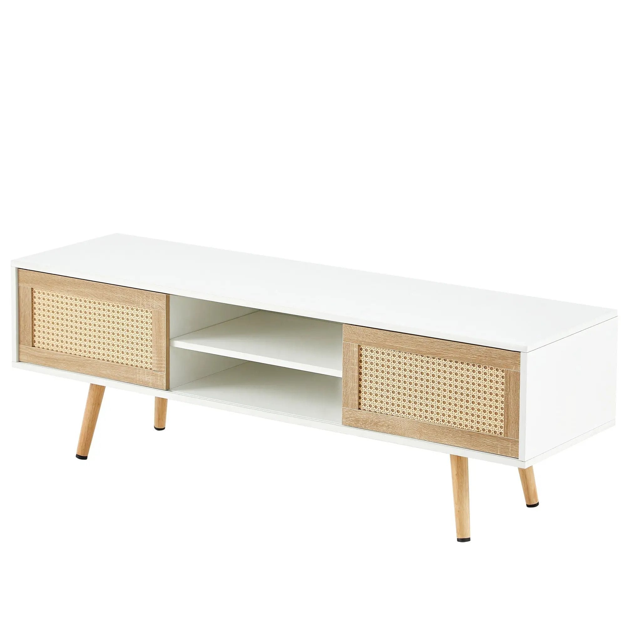 55.12" Rattan TV Cabinet, Double Sliding Doors For Storage, Adjustable Shelf, Solid Wood Legs, TV Console For Living Room by Unique Piece Furniture