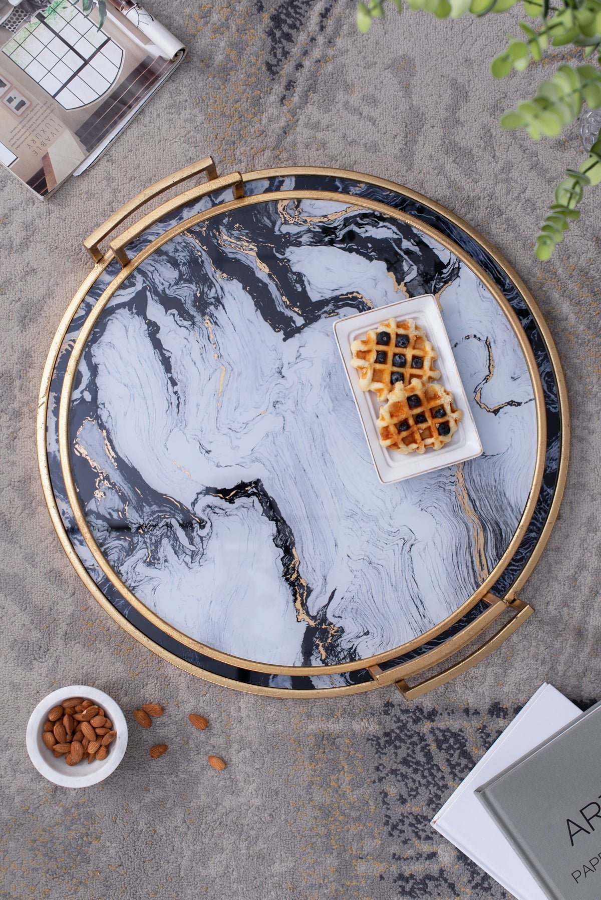 S/2 Round Decorative Tray with Abstract Marbled Design by HouseOfZazla