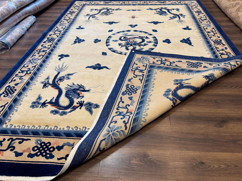 Chinese Dragon Peking Rug 8 x 11.6, Ivory and Blue, Chinese Wool Rug, Vintage by Jewel Rugs
