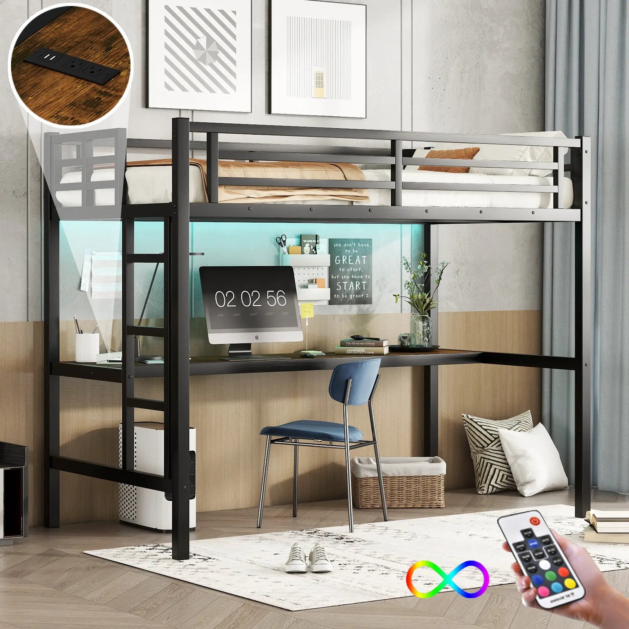 Metal Twin XL Size Loft Bed with Power Outlet and LED Light by HouseOfZazla