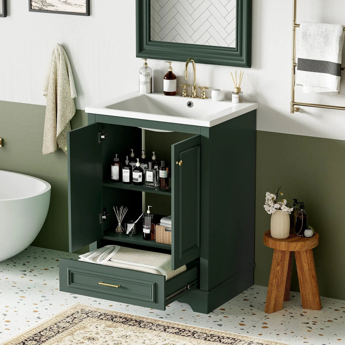 Bathroom Vanity With Ceramic Sink Combo, Modern Freestanding Storage Cabinet With Silver Handles by Unique Piece Furniture