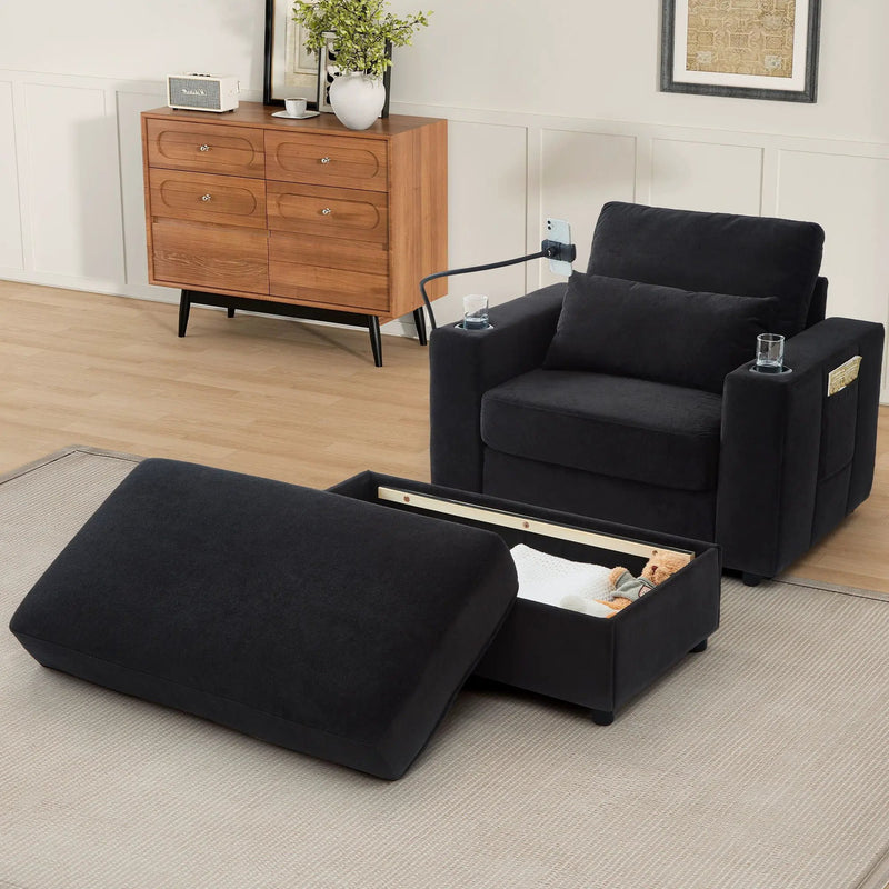 Modern Style Armchair Chaise Lounge Sofa Couch With Movable Storage Ottoman, USB Ports, Cup Holders, Phone Holder, Side Pockets by HouseOfZazla
