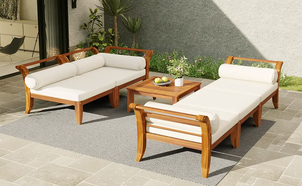 6 Piece Acacia Wood Outdoor Modular Sectional with Daybed and Tea Table by HouseOfZazla