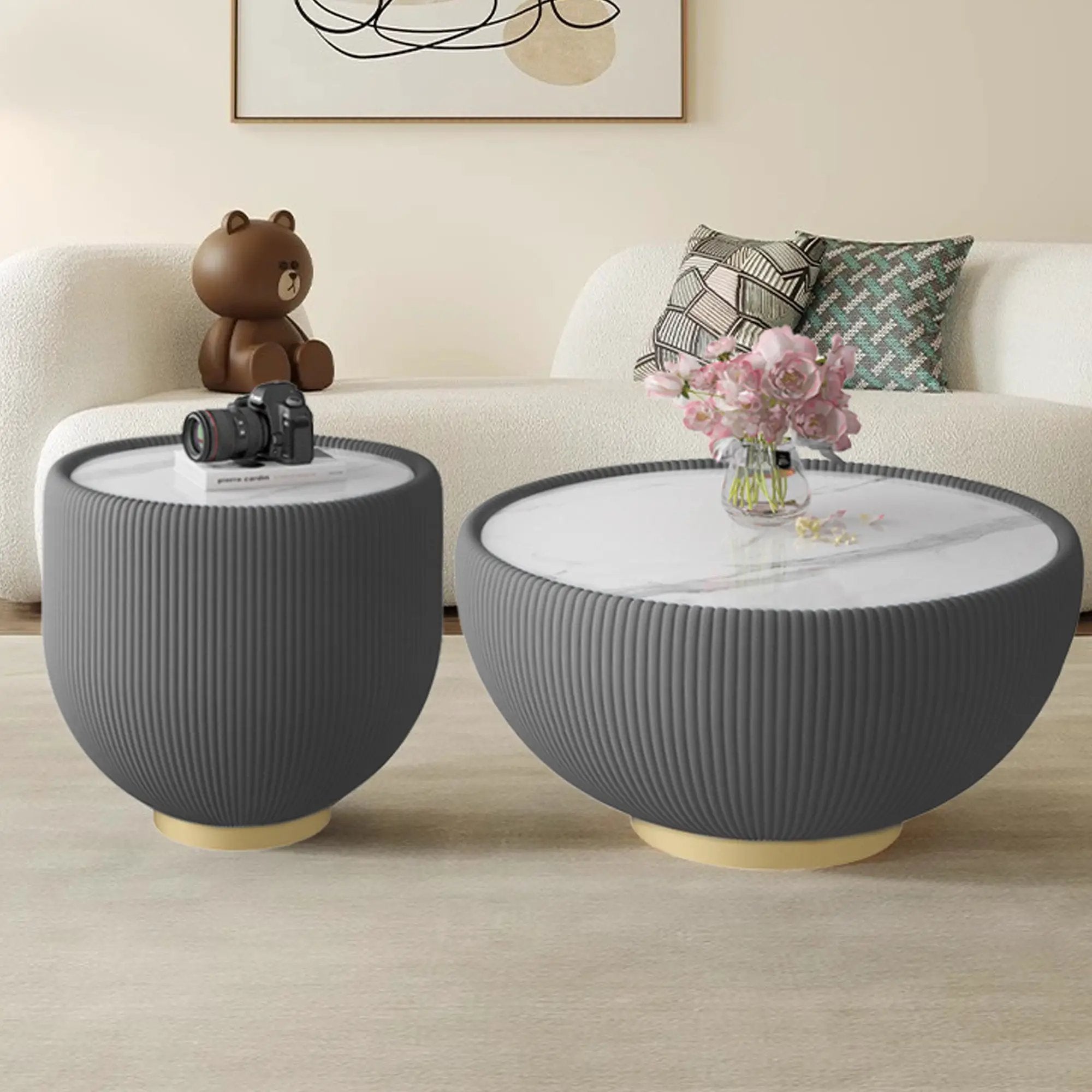 Modern Round Sintered Stone Pattern Tabletop Side Table by HouseOfZazla