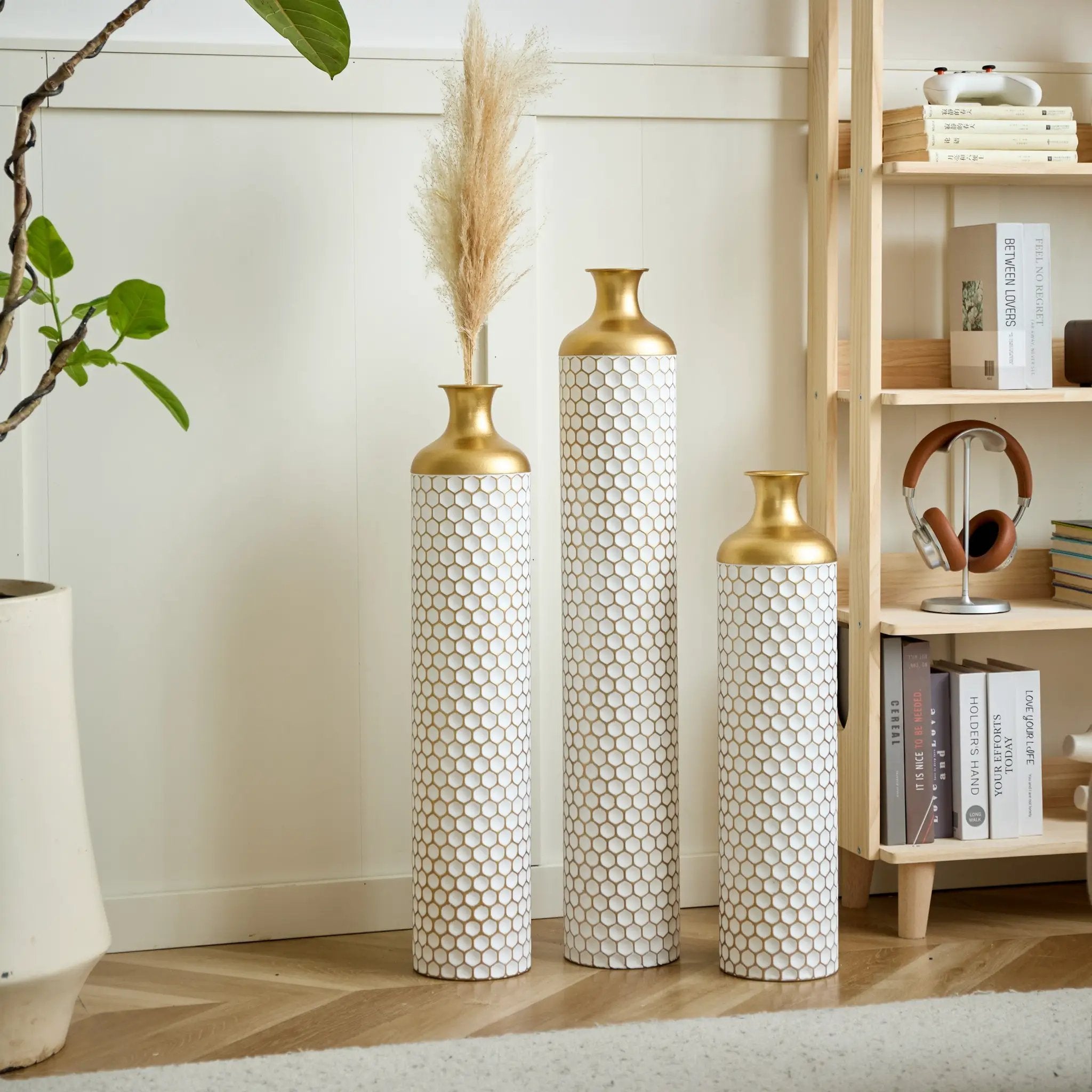 3-Piece Modern Metal Vase Set - White & Gold by HouseOfZazla