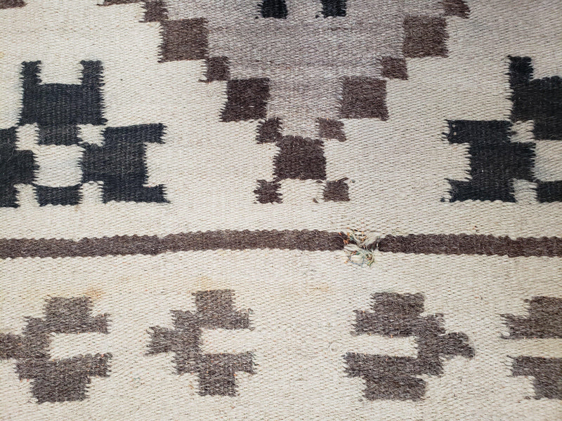 Semi Antique South American Blanket 4x8, Wool Hand-Woven Flatweave Kilim Rug, Handmade Antique Vintage Runner, Ivory & Blue, Diamond Panel by Jewel Rugs