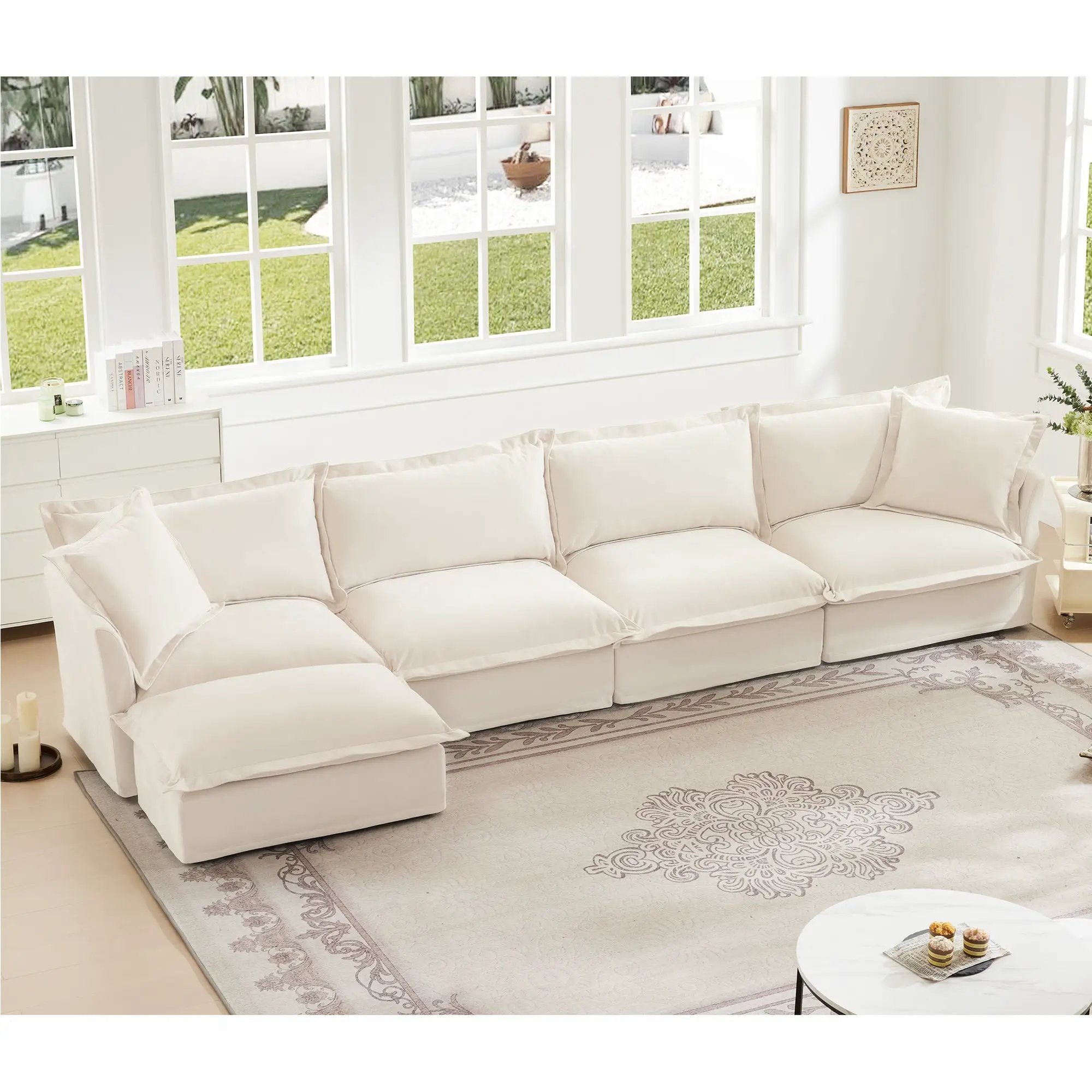 Slipcovered L Shape Sectional Long Sofa Couch - 4 Seater by HouseOfZazla