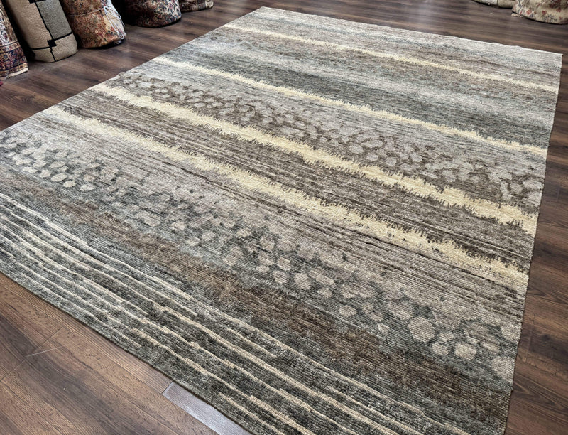 Modern Tibetan Wool Rug 8x10, Abstract, Contemporary, Handmade, Gray, Stripes by Jewel Rugs