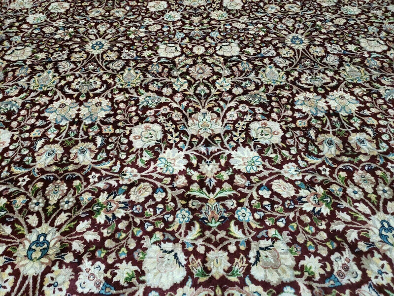 Persian Rug 9x12, Floral Allover, Very Fine, Handmade, Room Sized Oriental Carpet, Sino Persian, Maroon and Navy Blue by Jewel Rugs